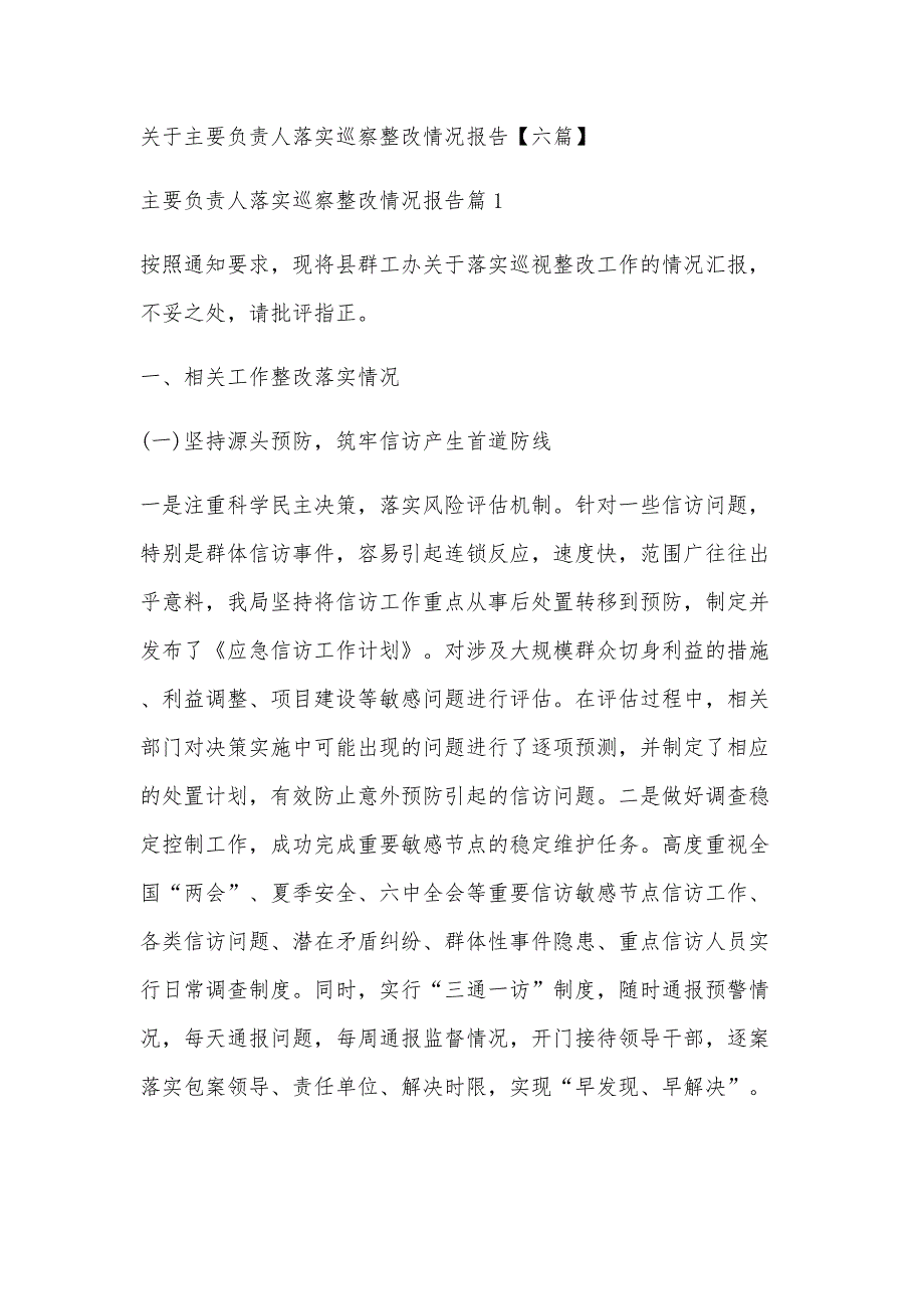 关于主要负责人落实巡察整改情况报告【六篇】_第1页