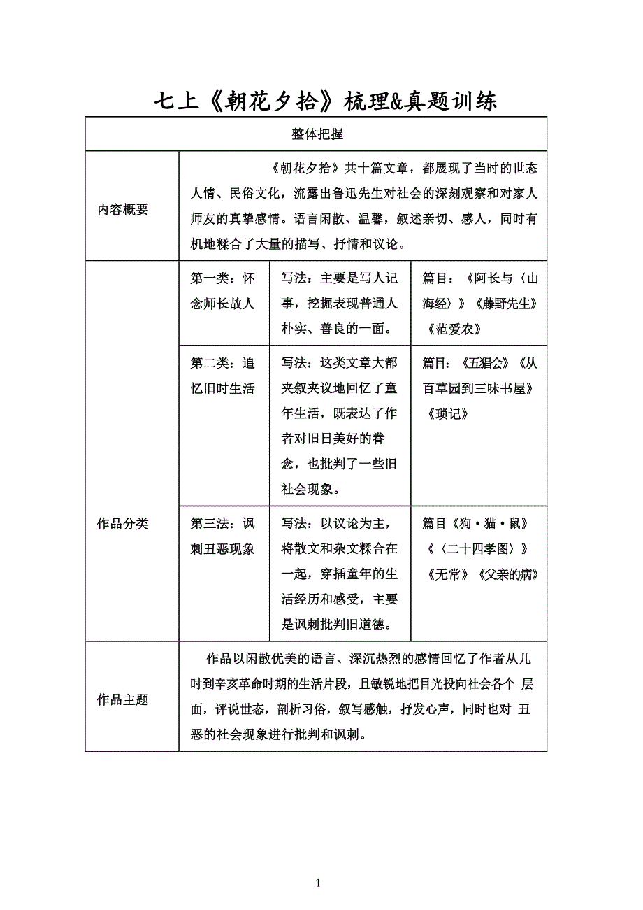 七年级上册《朝花夕拾》梳理&真题训练（含答案）_第1页