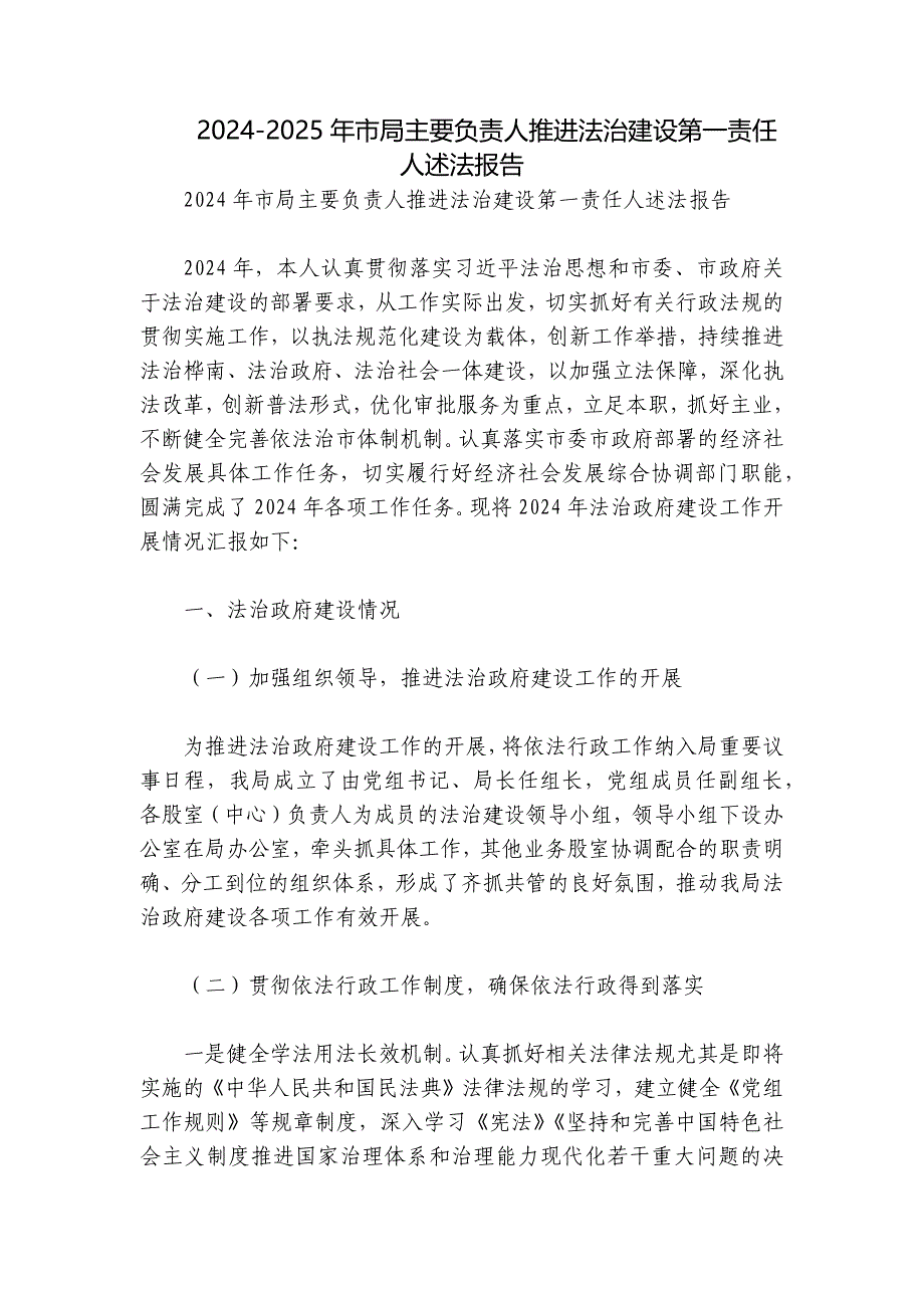 2024-2025年市局主要负责人推进法治建设第一责任人述法报告_第1页