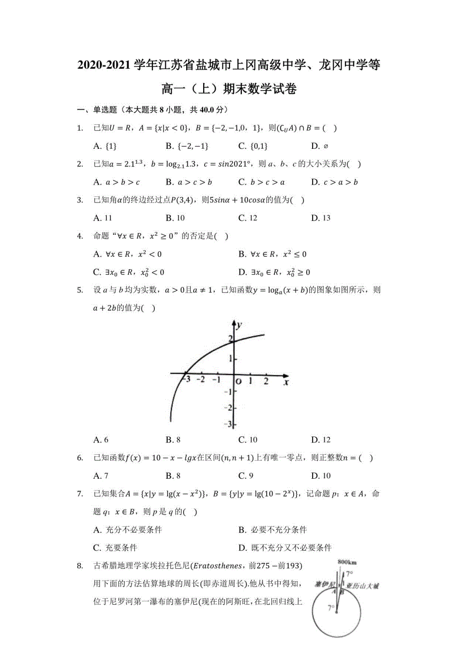 2020-2021学年江苏省盐城市上冈某中学、等高一（上）期末数学试卷（附答案详解）_第1页