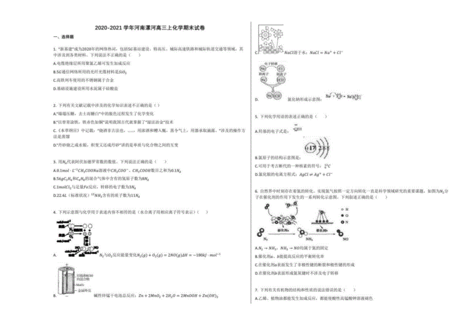 2020-2021学年河南漯河高三年级上册化学期末试卷_第1页