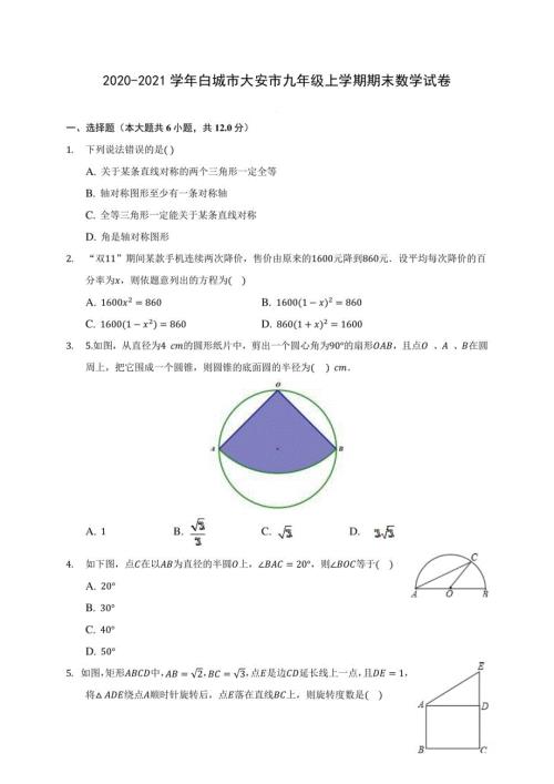 2020-2021学年白城市大安市九年级上学期期末数学试卷