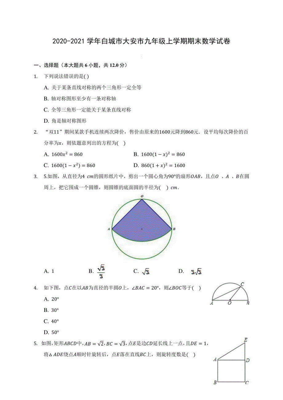 2020-2021学年白城市大安市九年级上学期期末数学试卷_第1页