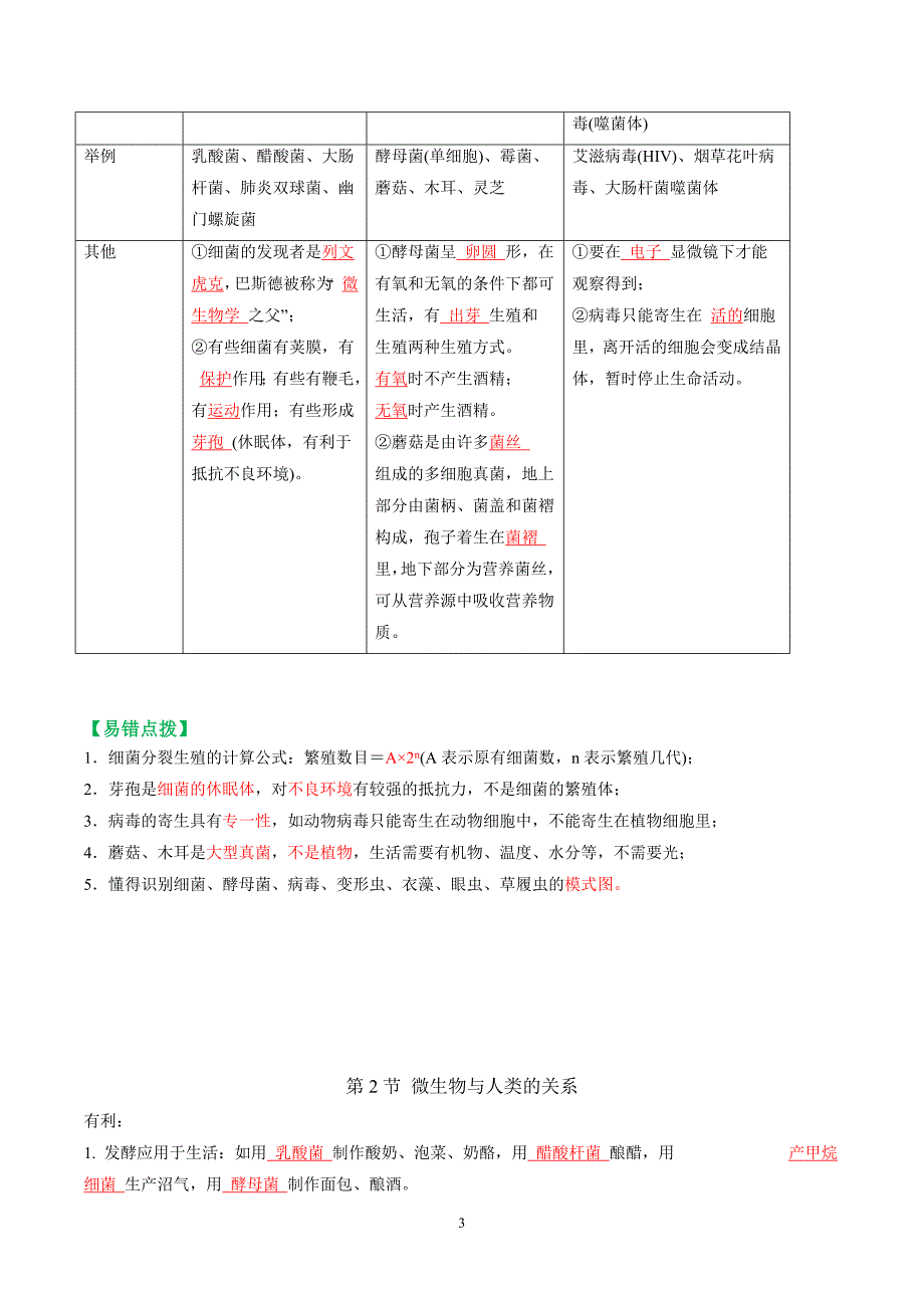 2024-2025学年北师版八年级生物上学期第18章 生物圈中的微生物（知识清单）_第3页