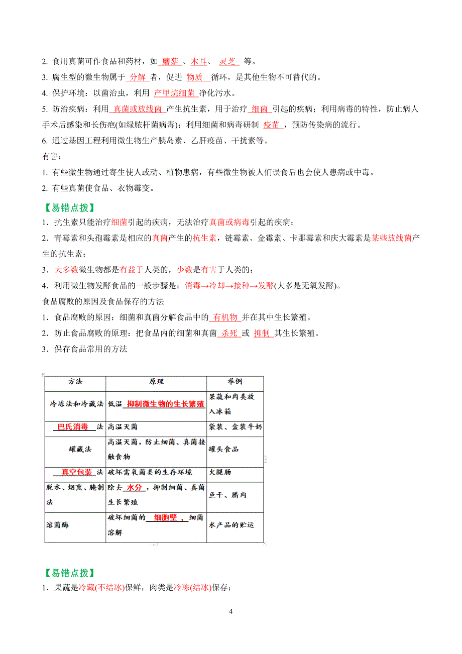 2024-2025学年北师版八年级生物上学期第18章 生物圈中的微生物（知识清单）_第4页