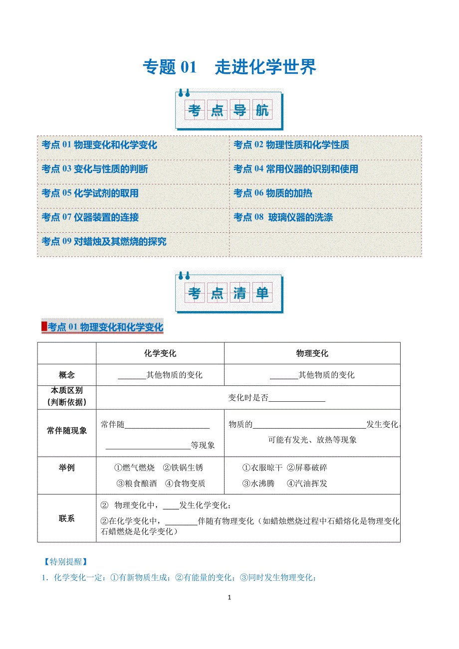 人教版九年级化学专题01 走进化学世界（考点清单）_第1页