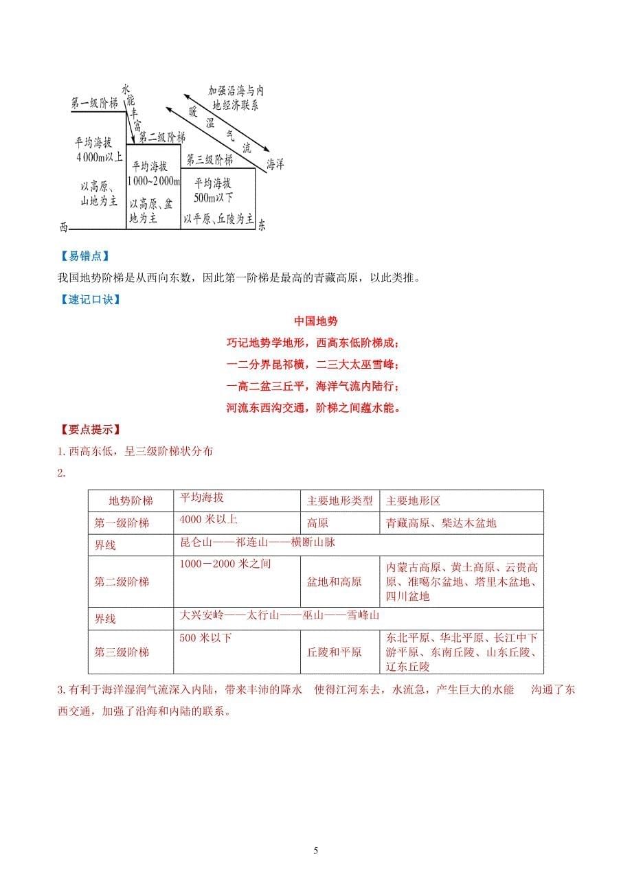 2024-2025学年人教版八年级地理上学期期中知识清单：第二章 （第1课时地形和地势）_第5页