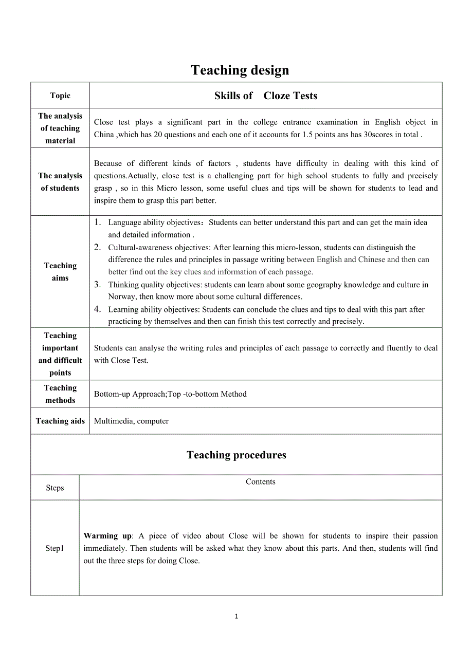 【教案】完形填空专题复习教案+高三英语一轮复习_第1页