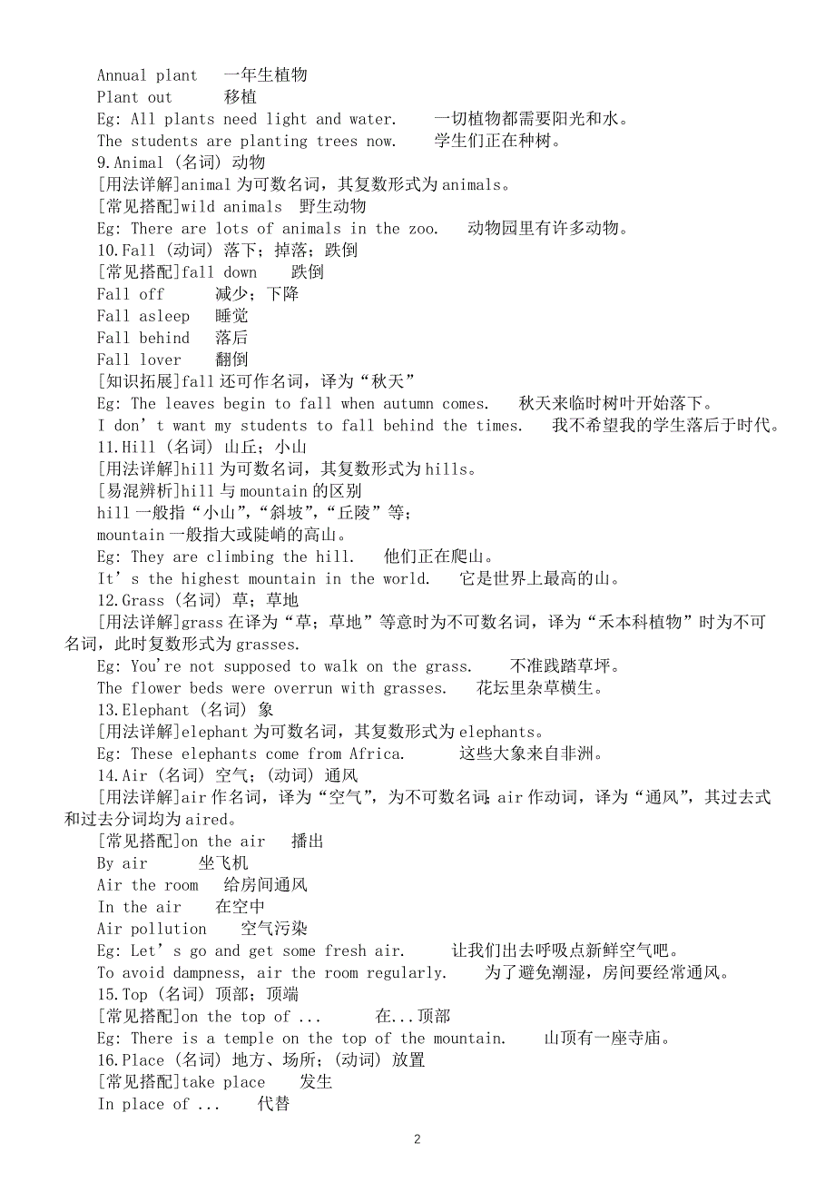 初中英语新仁爱版七年级上册Unit 5 Loving Mother Nature单词讲解(2024秋）_第2页