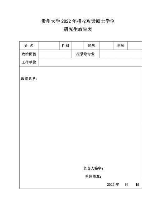 贵州大学200 年招收攻读硕士学位研究生政审表