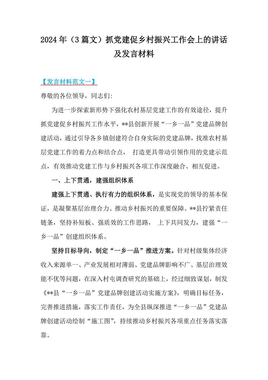 2024年（3篇文）抓党建促乡村振兴工作会上的讲话及发言材料_第1页