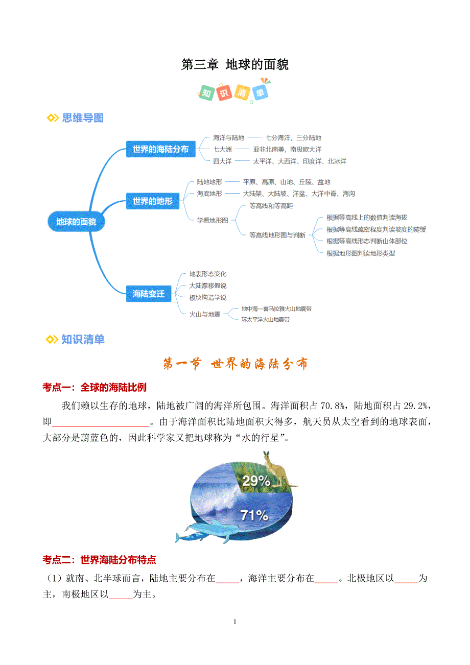 2024-2025学年湘教版七年级地理上学期期中知识清单：第三章 地球的面貌_第1页