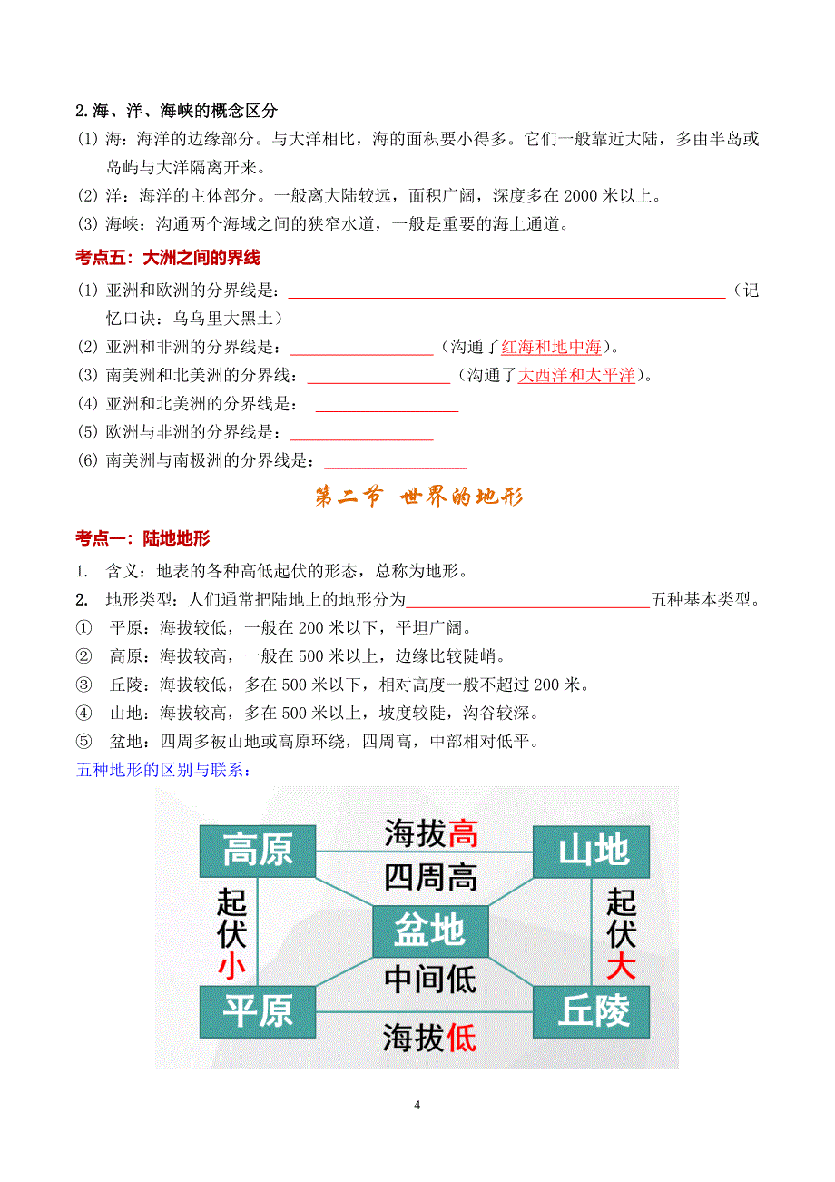 2024-2025学年湘教版七年级地理上学期期中知识清单：第三章 地球的面貌_第4页