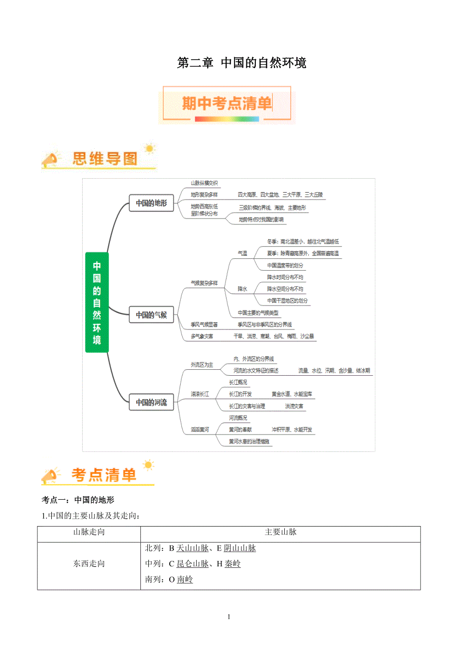 2024-2025学年湘教版八年级地理上学期期中知识清单：第二章_第1页