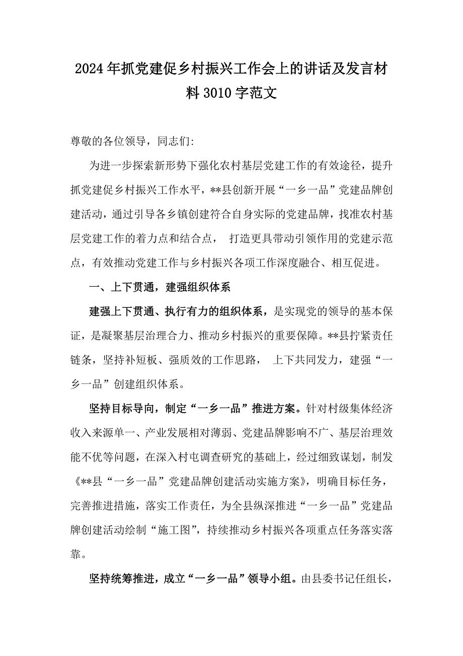 2024年抓党建促乡村振兴工作会上的讲话及发言材料3010字范文_第1页