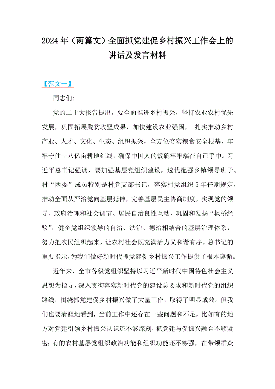 2024年（两篇文）全面抓党建促乡村振兴工作会上的讲话及发言材料_第1页