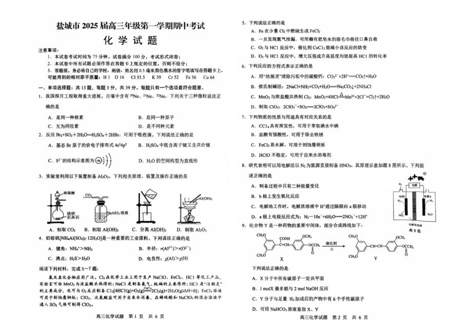 江苏盐城2024-2025学年高三上学期11月期中化学试题_第1页