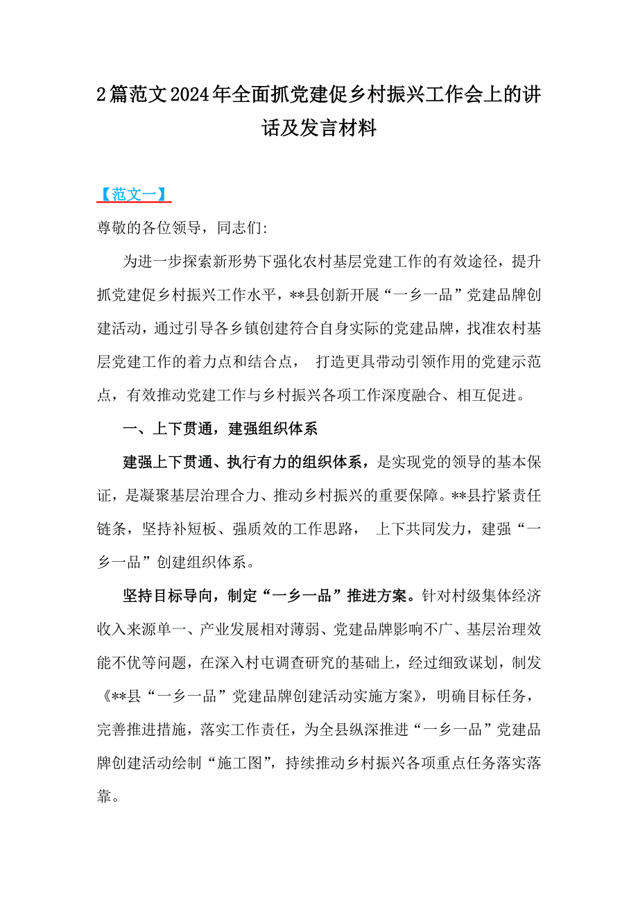 2篇范文2024年全面抓党建促乡村振兴工作会上的讲话及发言材料_第1页