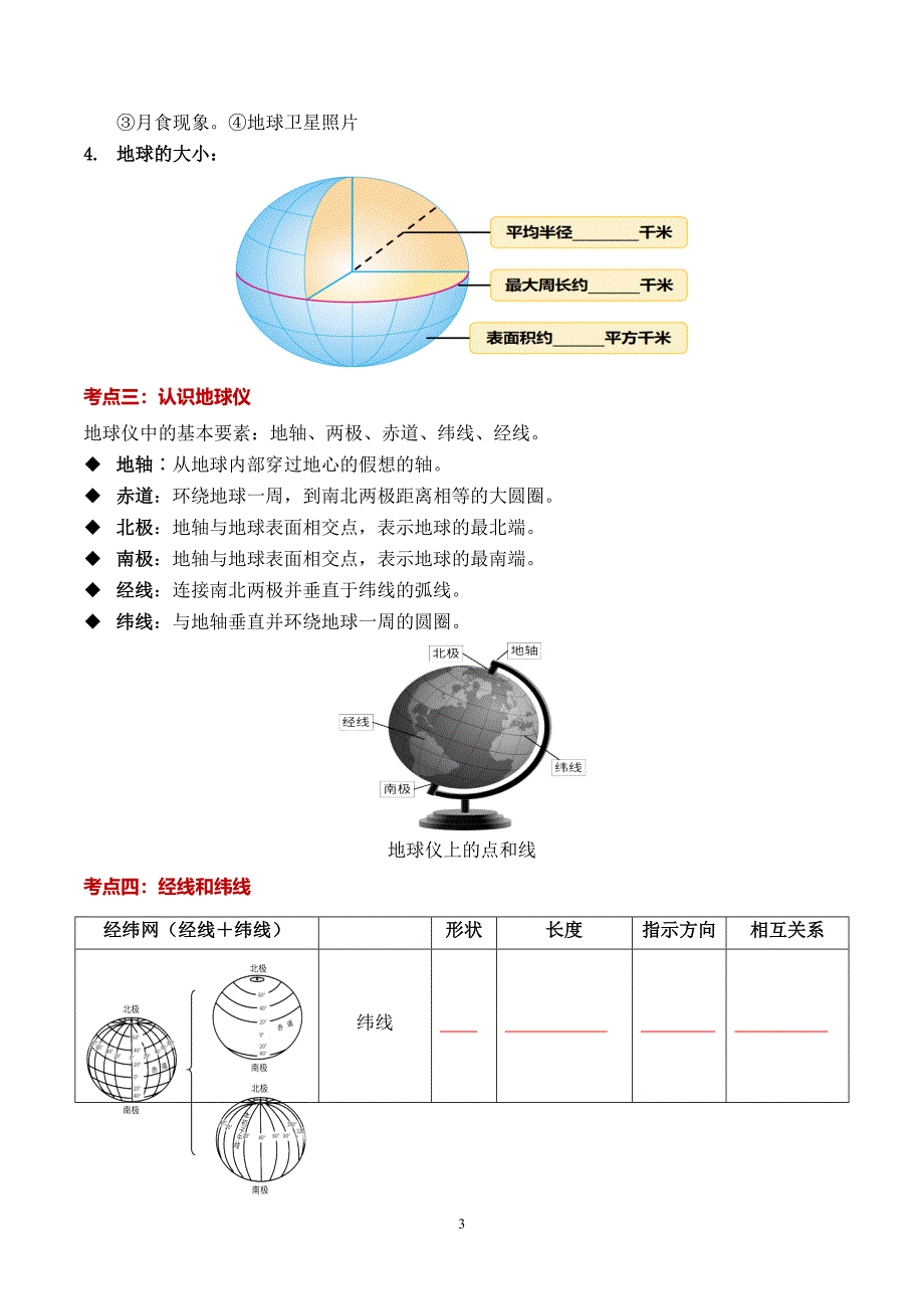 2024-2025学年湘教版七年级地理上学期期中知识清单：第二章 认识地球_第3页