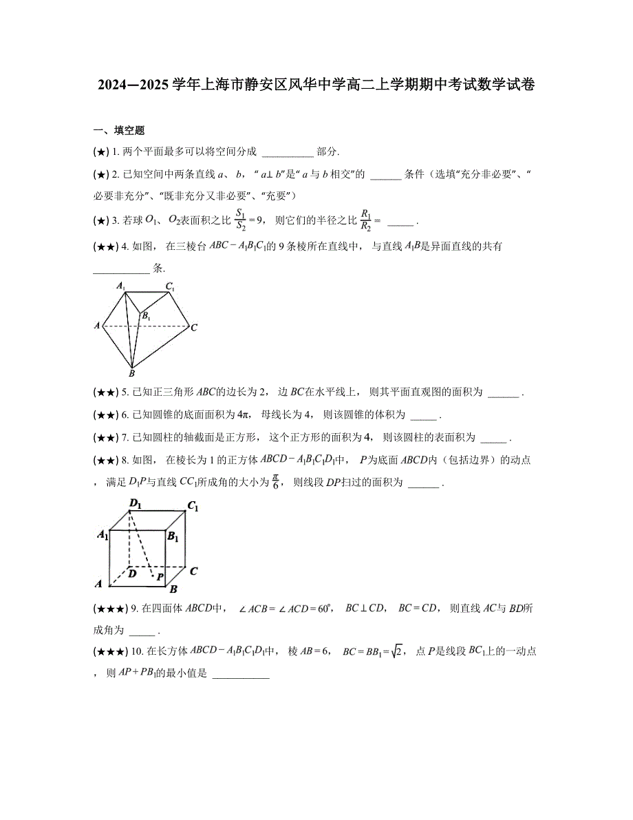 2024—2025学年上海市静安区风华中学高二上学期期中考试数学试卷_第1页