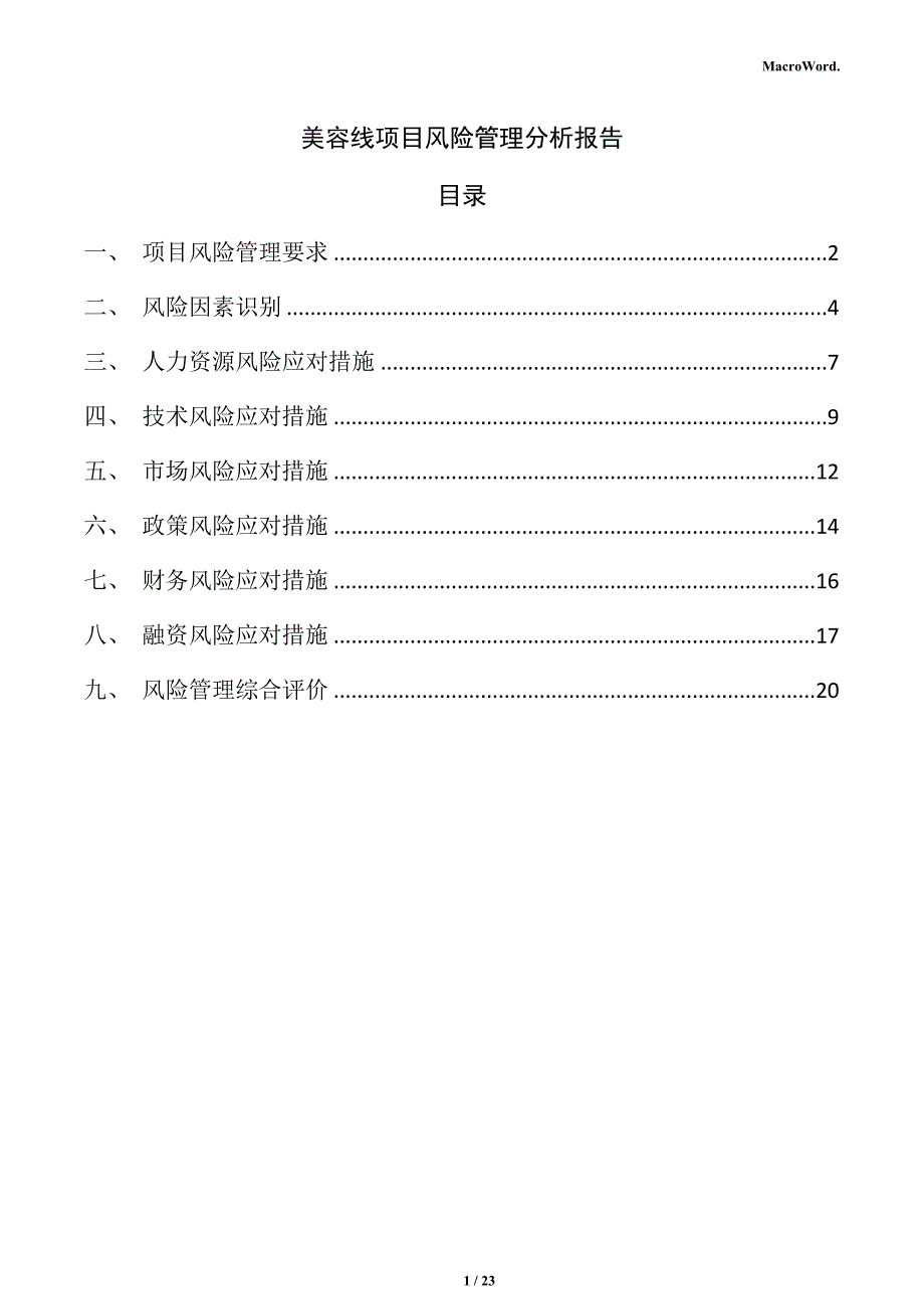 美容线项目风险管理分析报告（仅供参考）_第1页