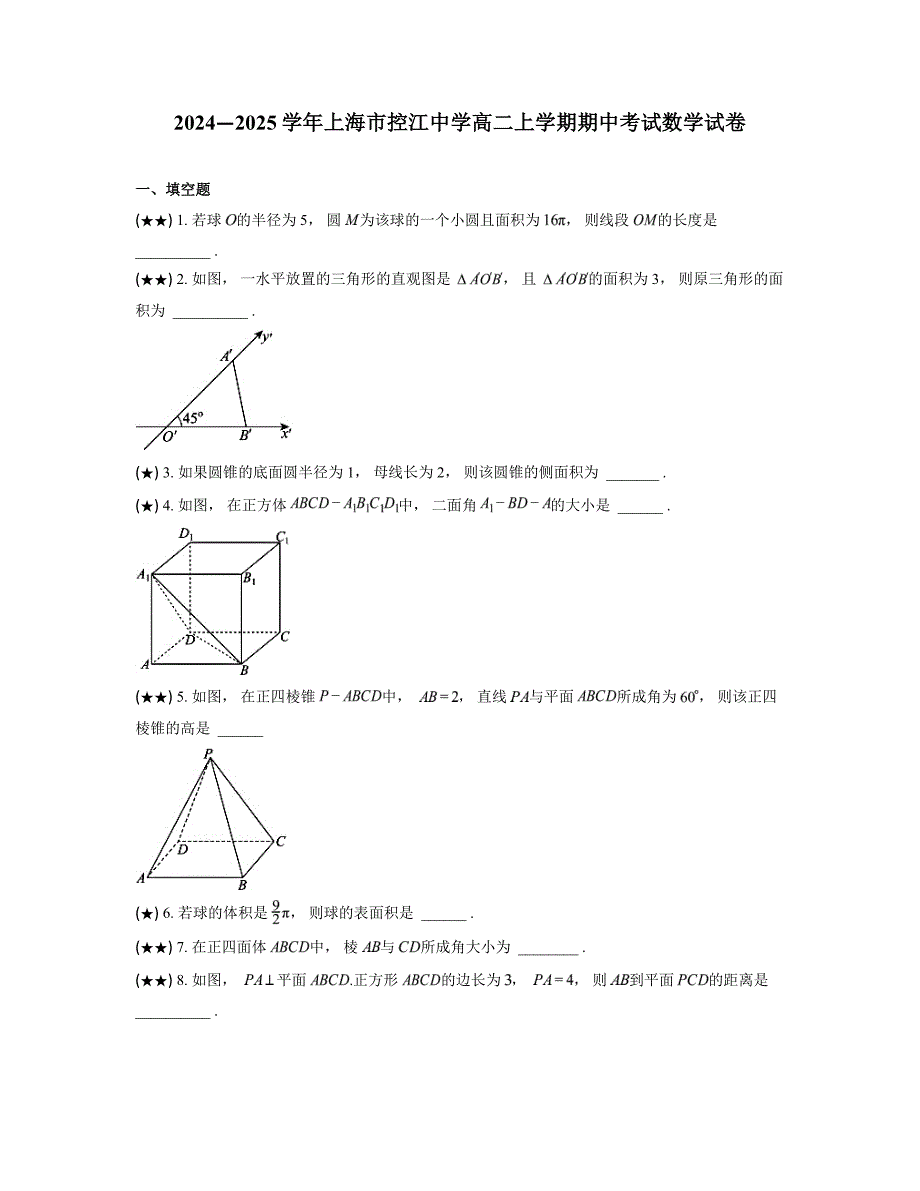 2024—2025学年上海市控江中学高二上学期期中考试数学试卷_第1页