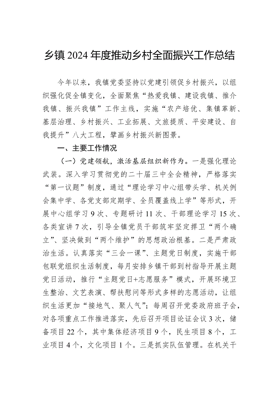 乡镇2024年度推动乡村全面振兴工作总结_第1页