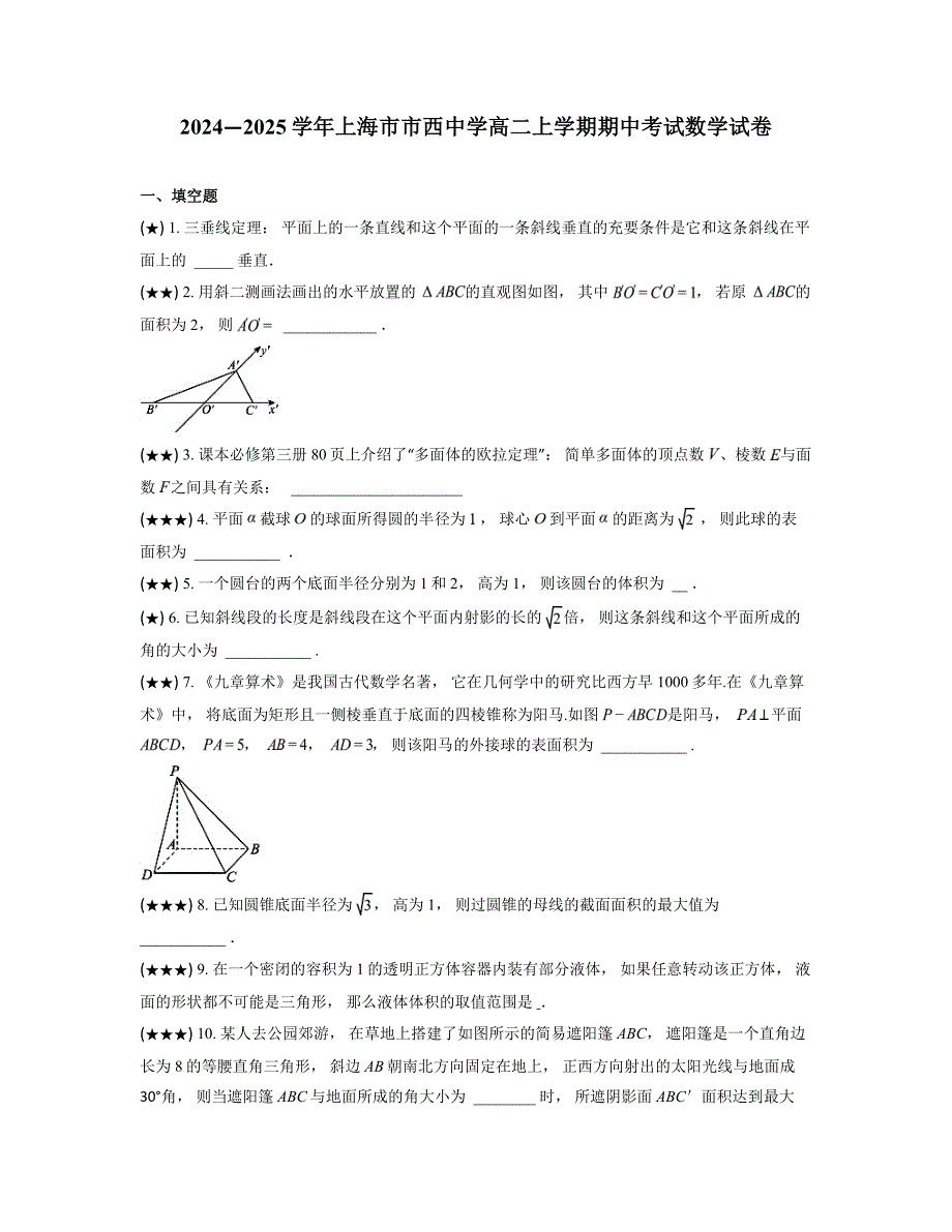 2024—2025学年上海市市西中学高二上学期期中考试数学试卷_第1页