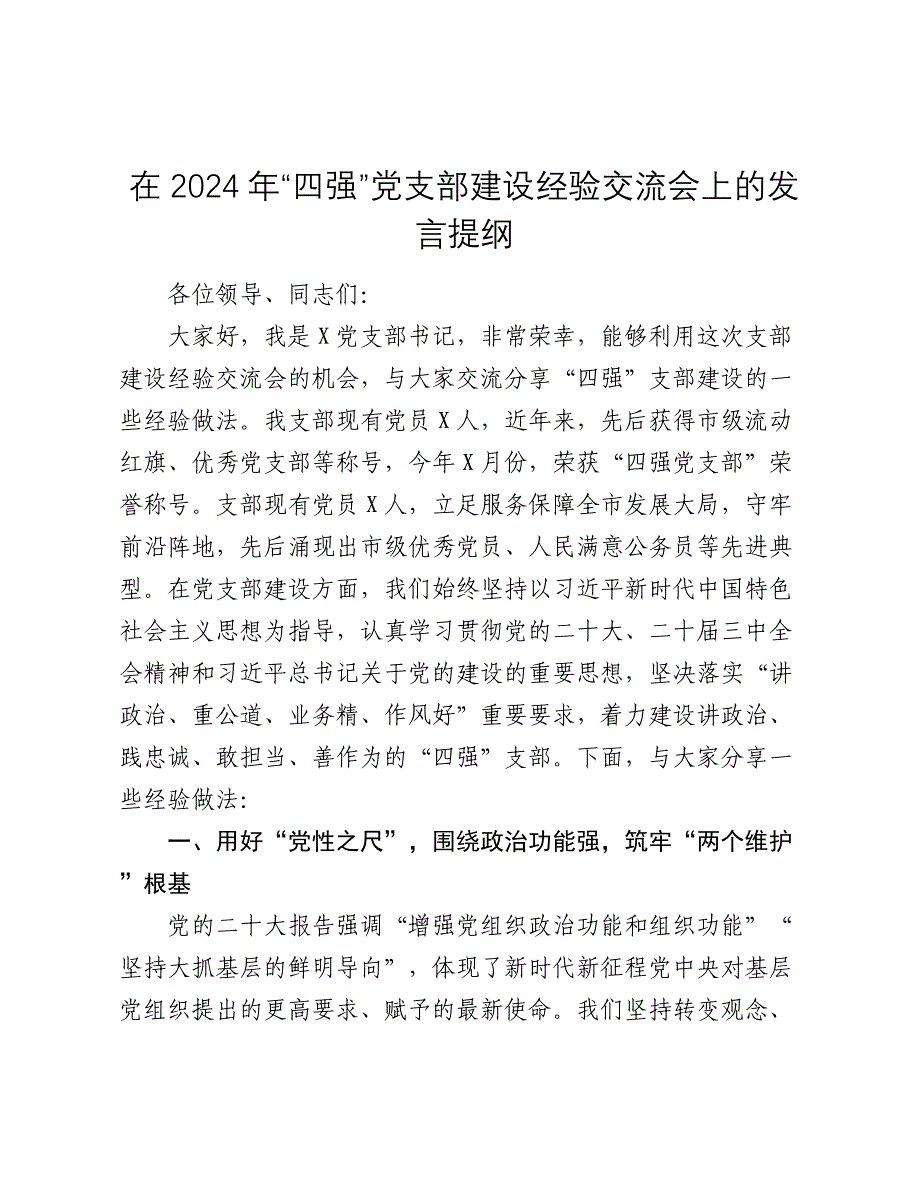 在2024-2025年“四强”党支部建设经验交流会上的发言提纲_第1页