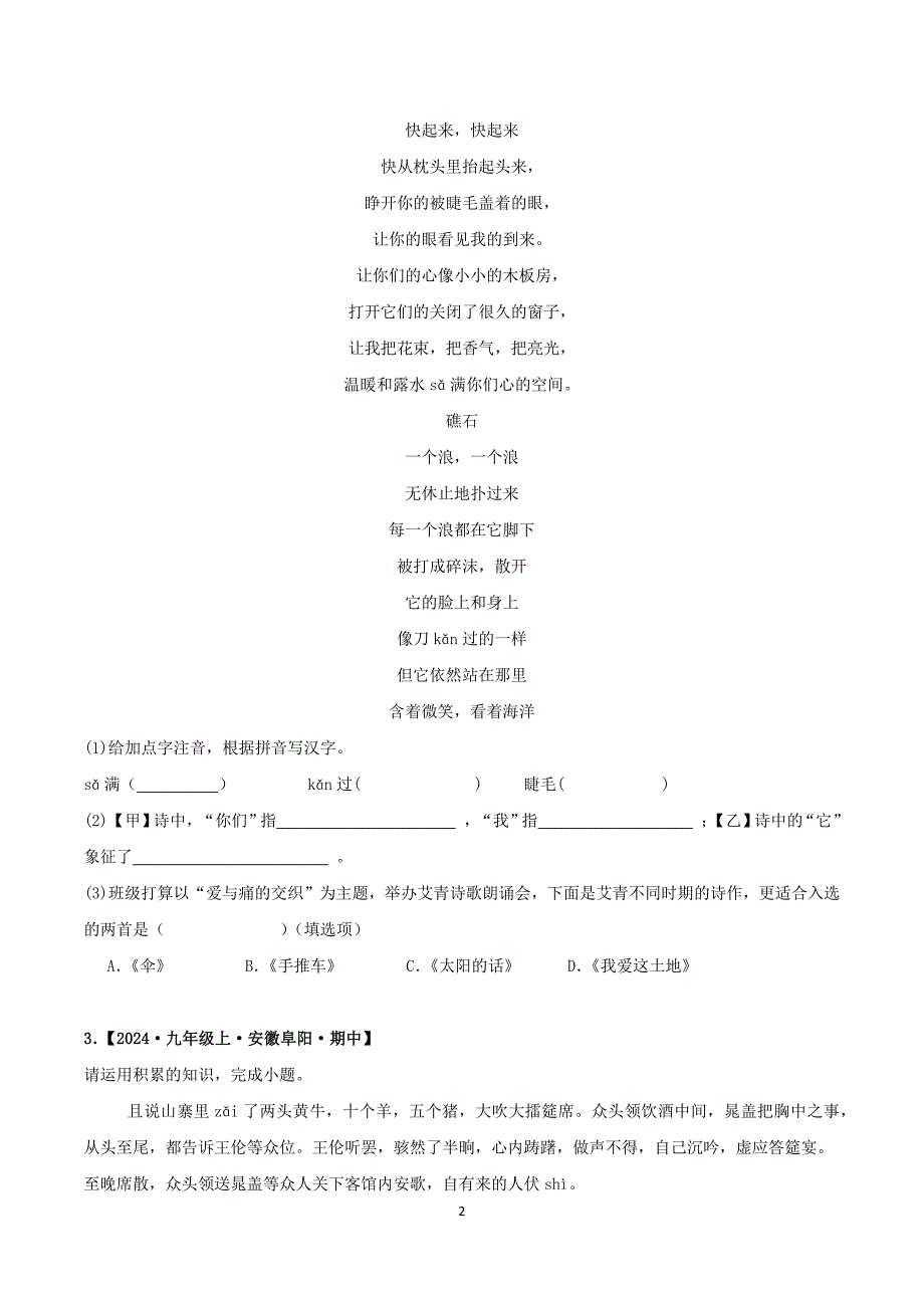 2024-2025学年统编版九年级语文上学期期中专题02 基础知识与名著_第2页