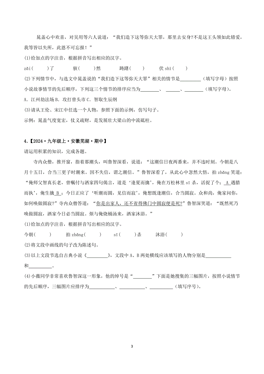 2024-2025学年统编版九年级语文上学期期中专题02 基础知识与名著_第3页