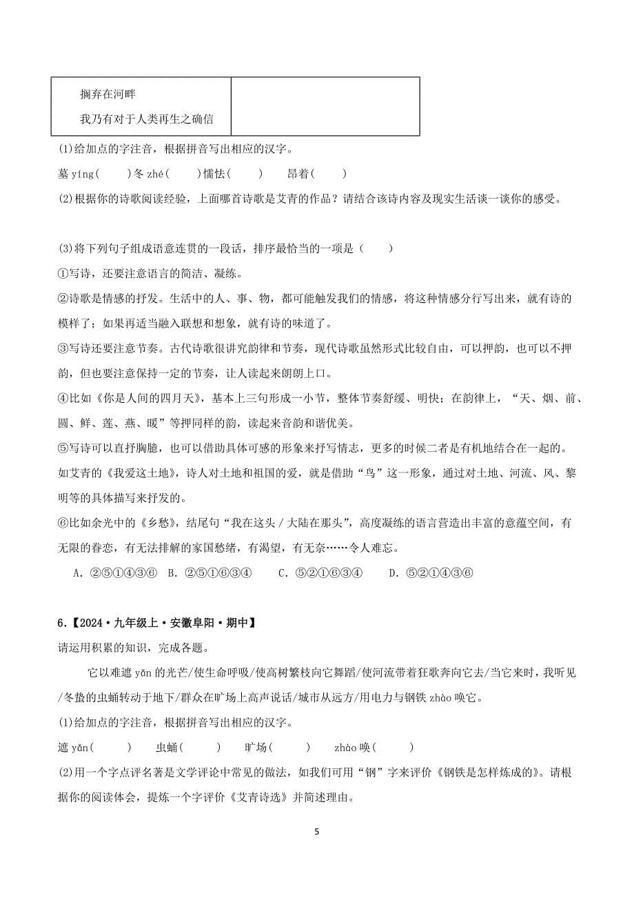 2024-2025学年统编版九年级语文上学期期中专题02 基础知识与名著_第5页