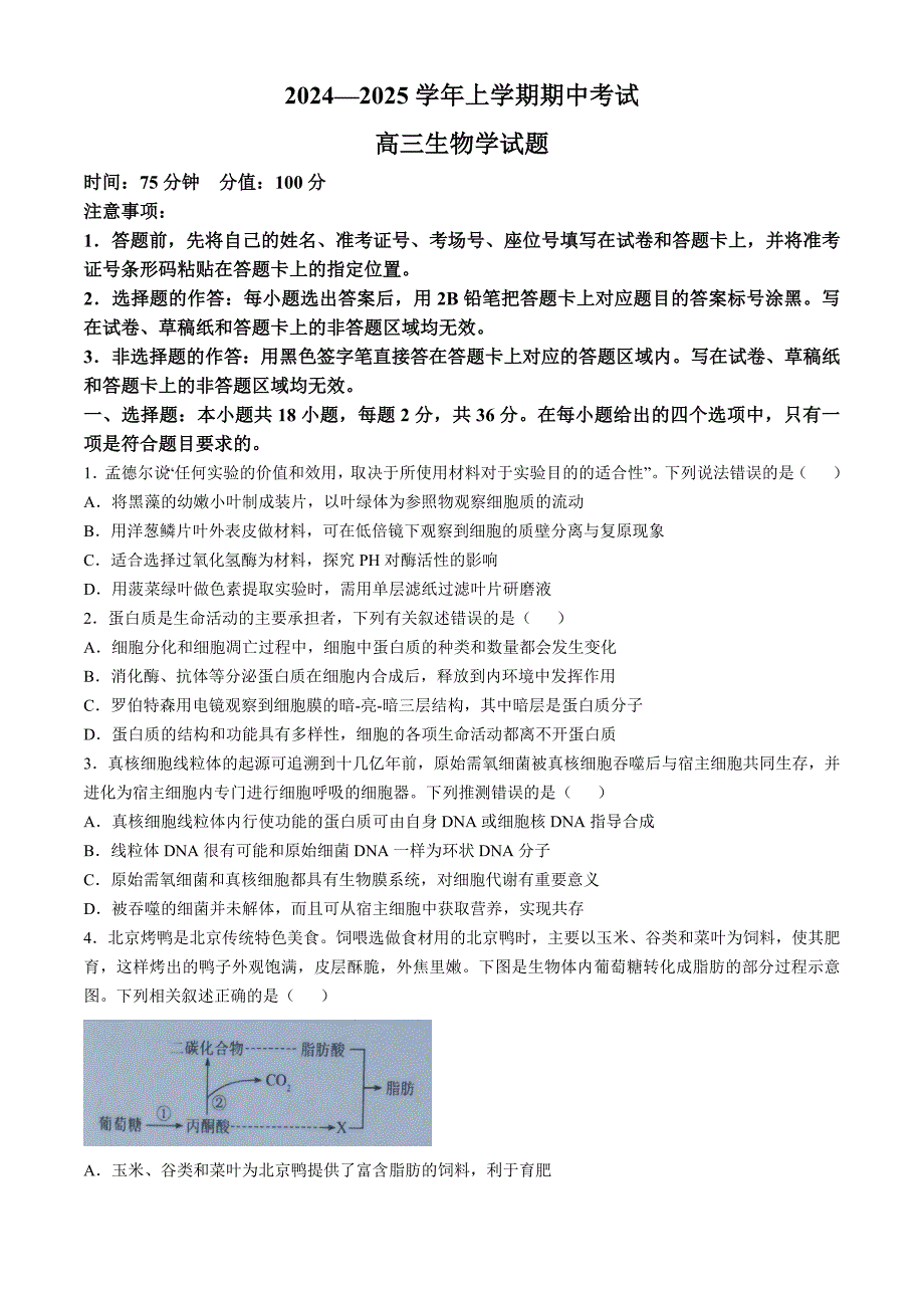 湖北省2024-2025学年高三上学期期中考试生物试题 含答案_第1页