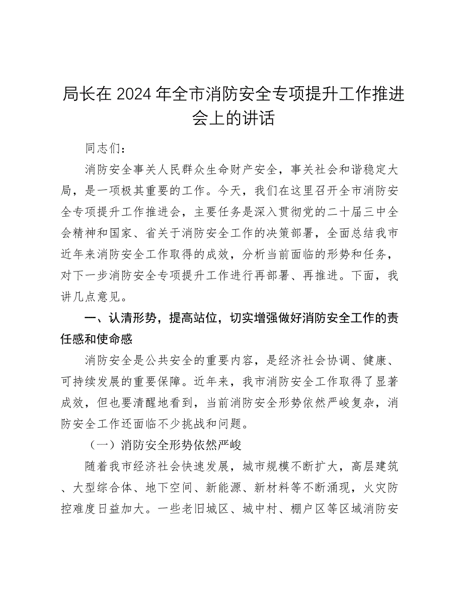 局长在2024年全市消防安全专项提升工作推进会上的讲话2025_第1页