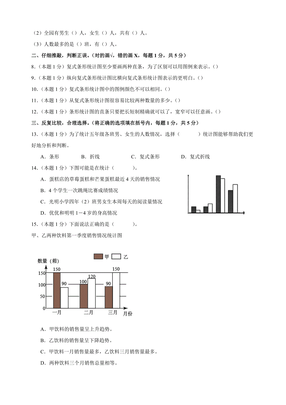 第六单元《统计表和条形统计图（二）》-2024-2025学年五年级数学上册单元测试卷（苏教版）_第4页