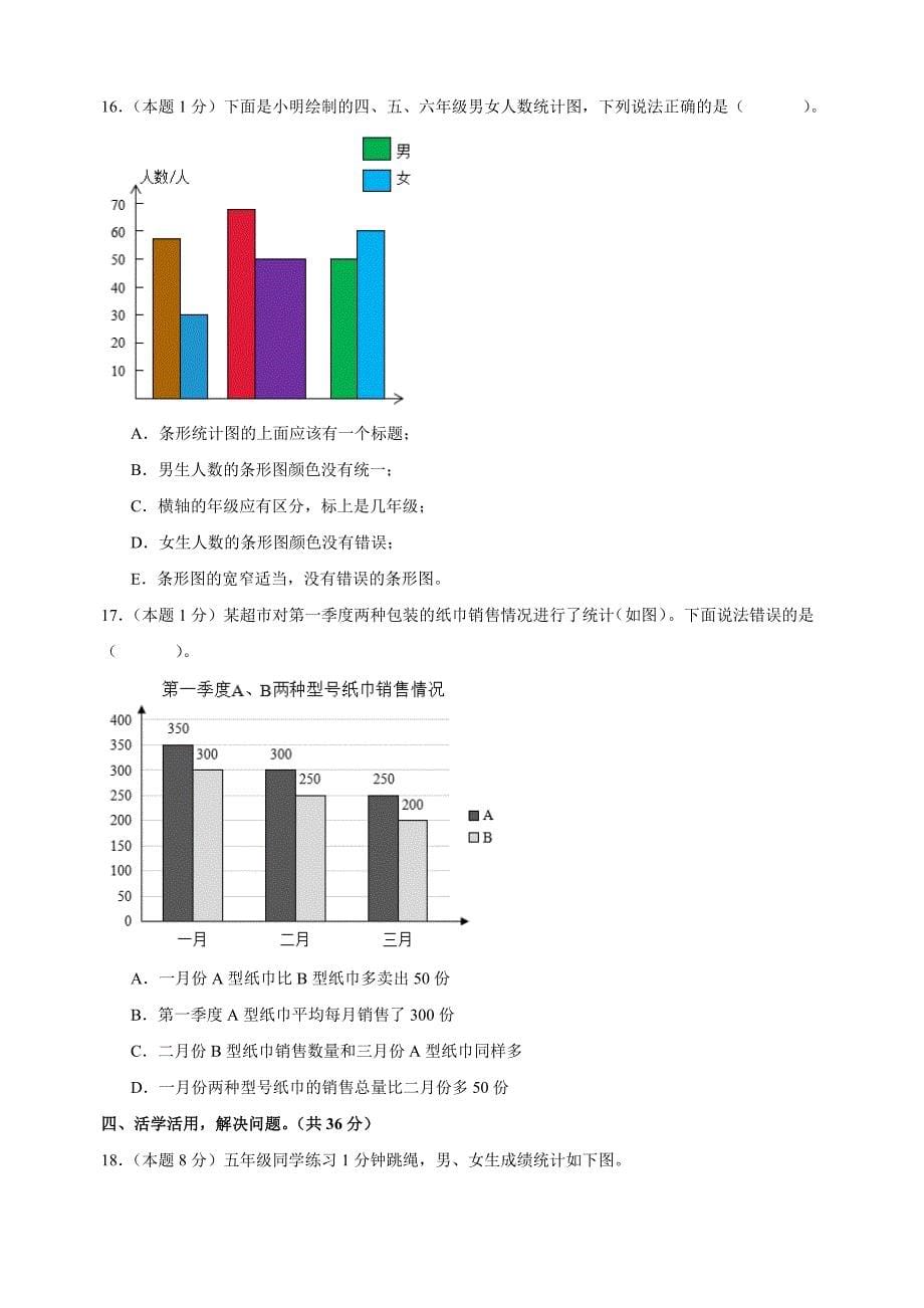 第六单元《统计表和条形统计图（二）》-2024-2025学年五年级数学上册单元测试卷（苏教版）_第5页