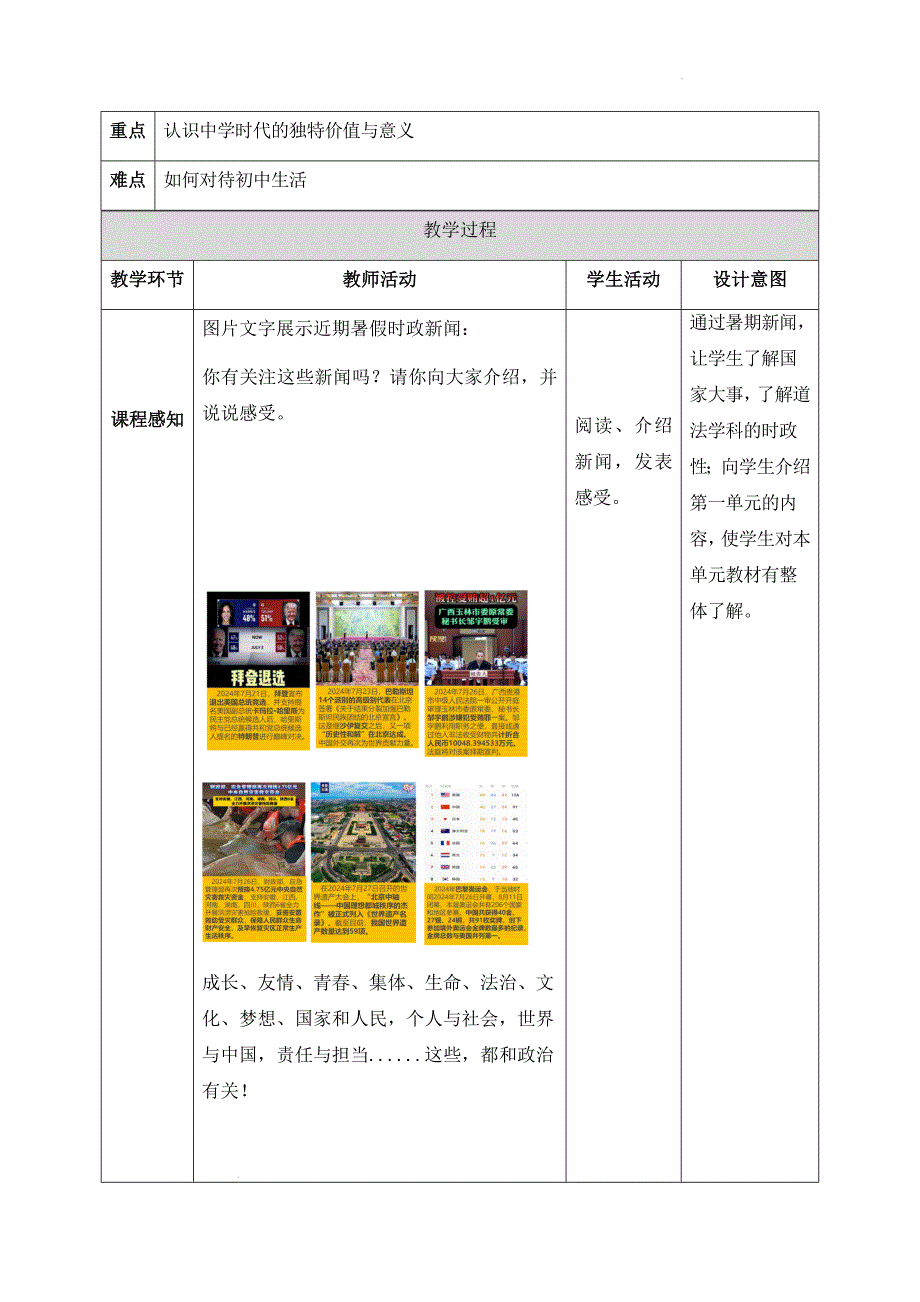 2024年统编七年级道德与法制上册第一课《 开启初中生活》【核心素养新教学设计】汇编（含两个教案）_第2页