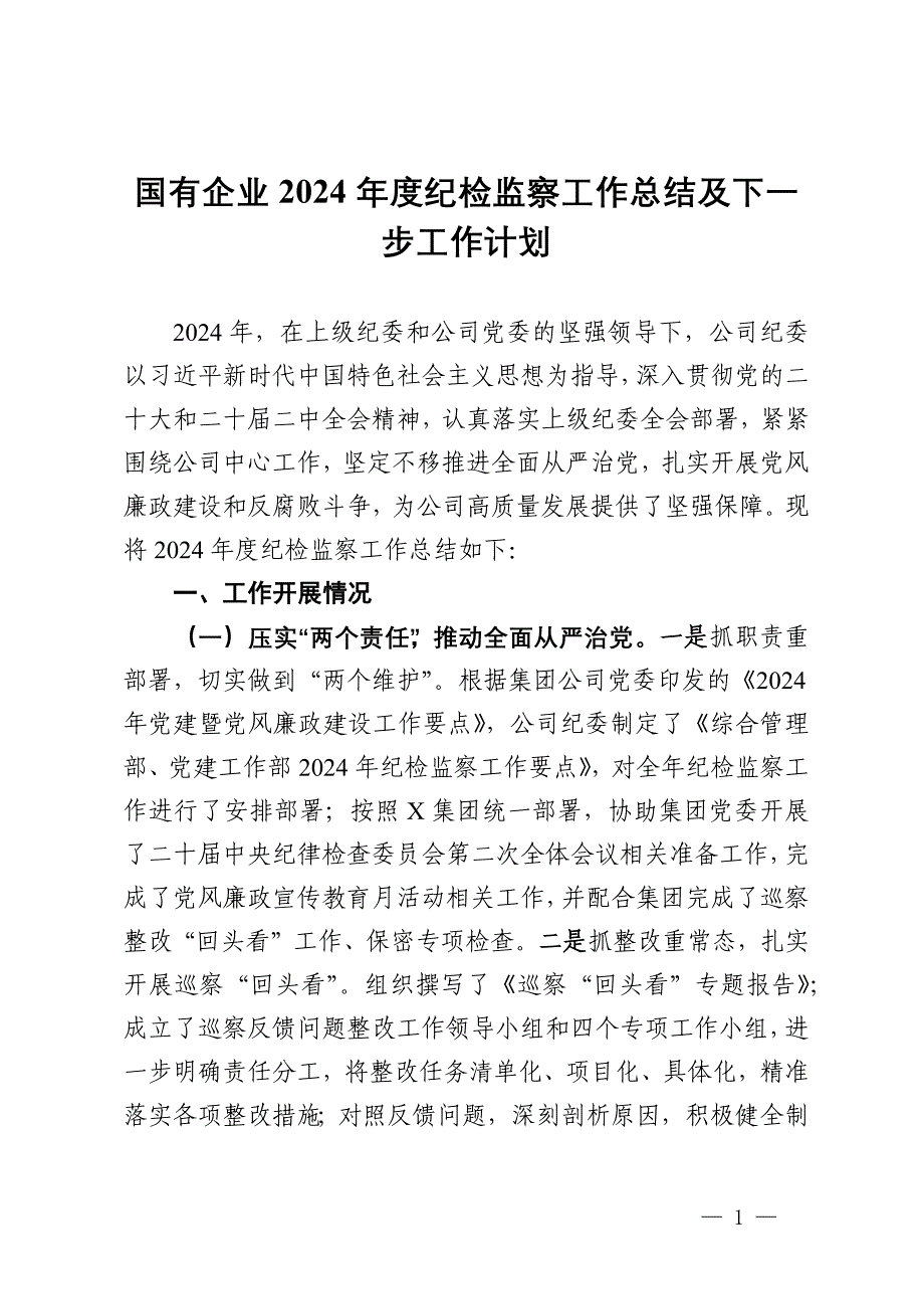 国有企业2024年度纪检监察工作总结及2025年工作计划_第1页