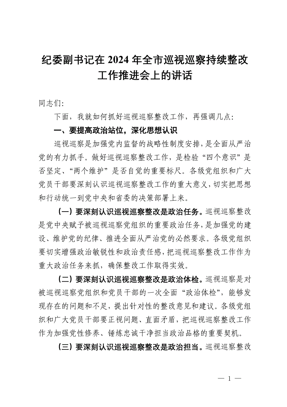 纪委副书记在2024年全市巡视巡察持续整改工作推进会上的讲话_第1页