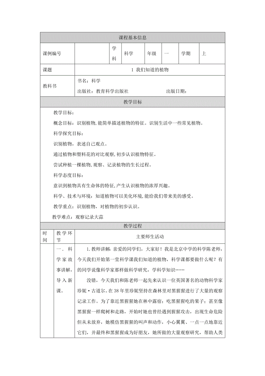 2024年上学期小学科学教案一年级【科学(教科版)】我们知道的植物-1教学设计_第1页