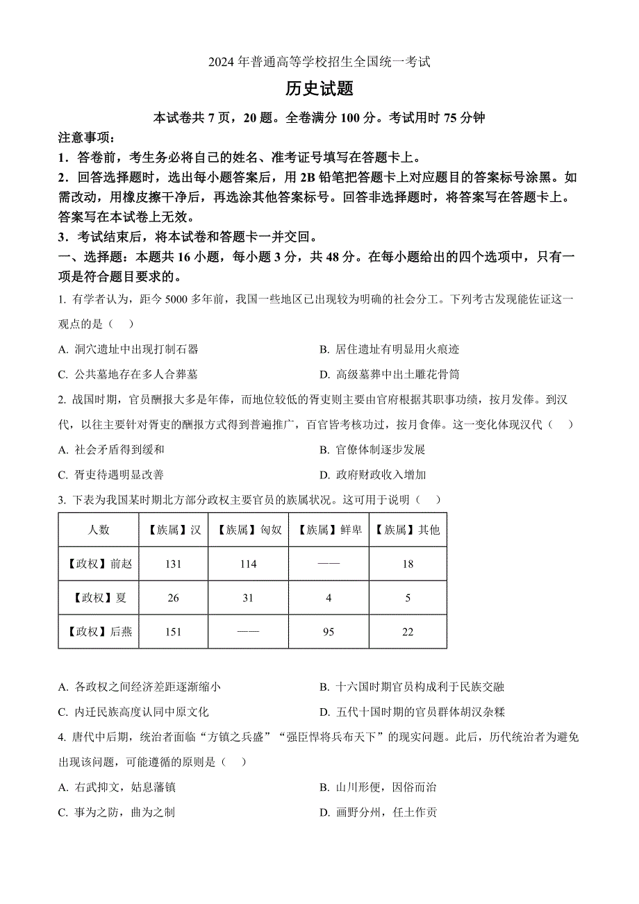 2024年高考真题——历史贵州卷 Word版无答案_第1页