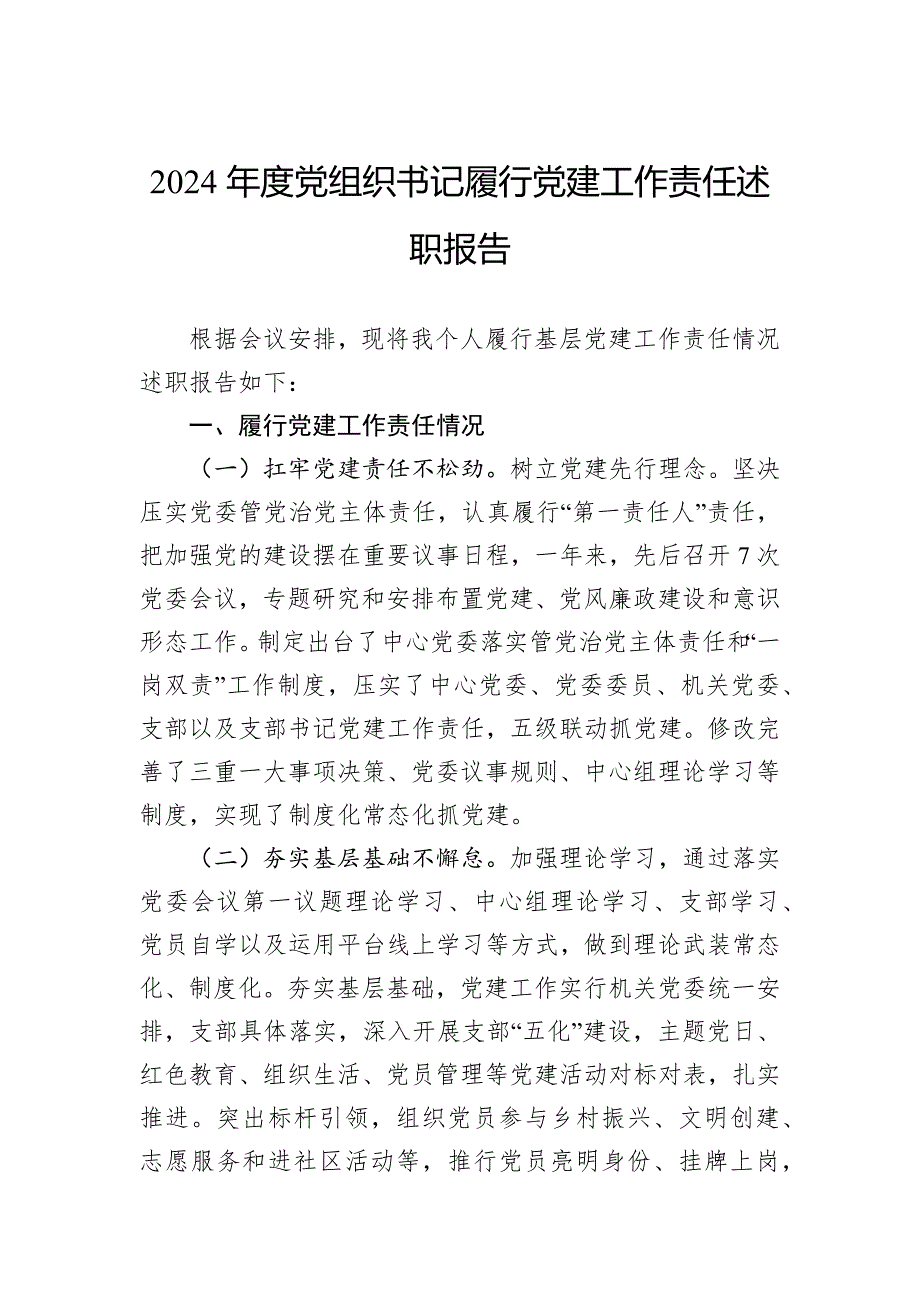 2024年度党组织书记履行党建工作责任述职报告_第1页