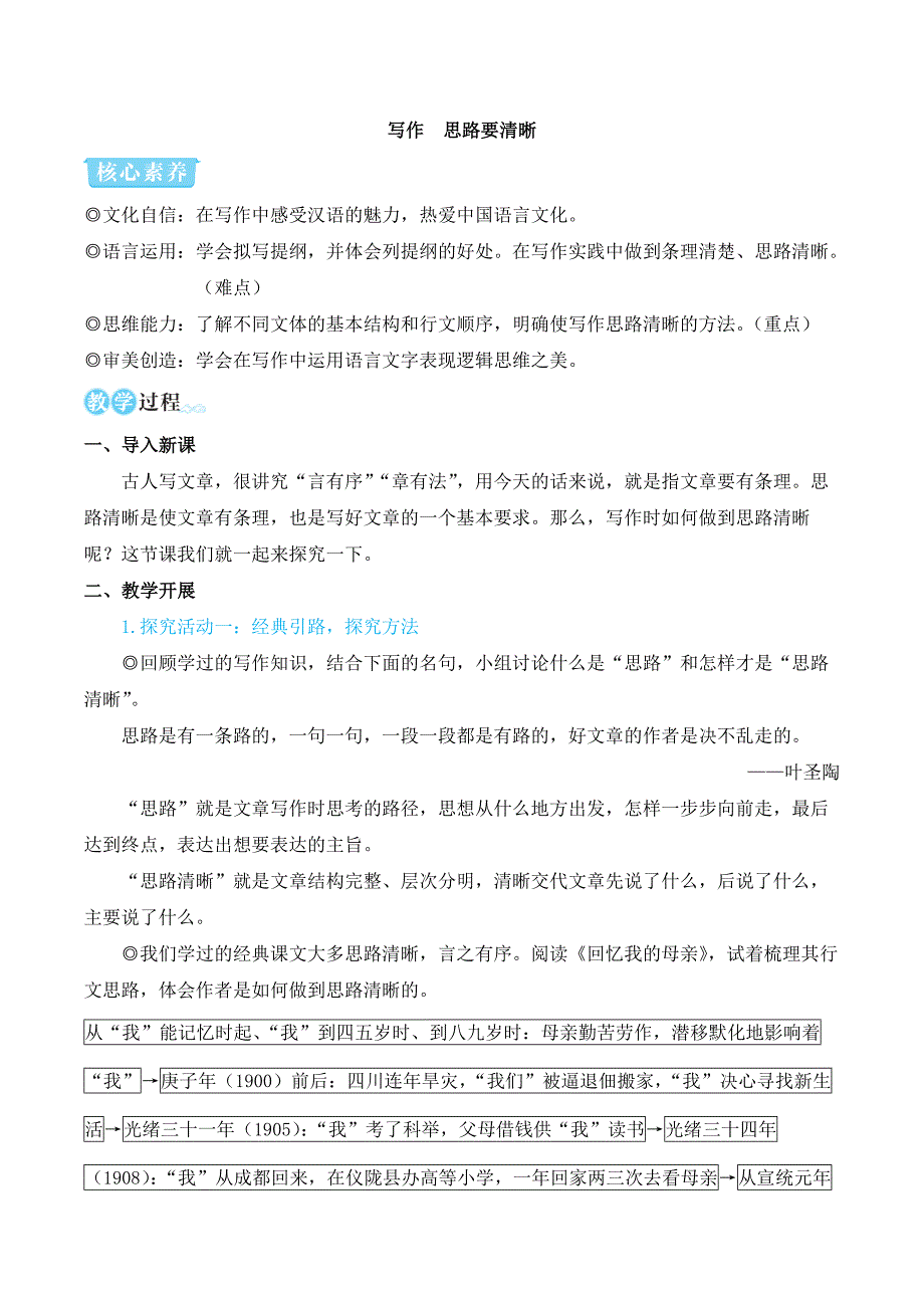 2024秋季初中语文七年级上册新教材简案写作 思路要清晰（名师教学设计·简案）_第1页