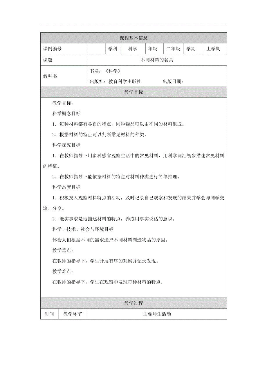 2024年上学期小学科学二年级【科学(教科版)】不同材料的餐具-1教学设计_第1页