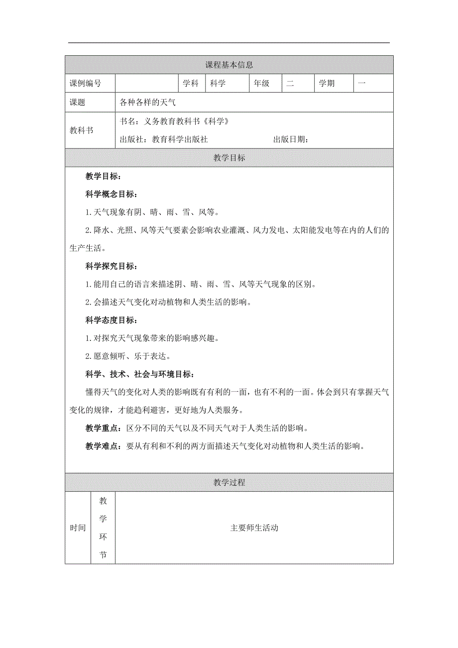 2024年上学期小学科学二年级【科学(教科版)】各种各样的天气-1教学设计_第1页