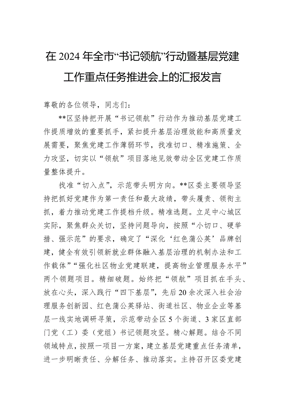 在2024年全市“书记领航”行动暨基层党建工作重点任务推进会上的汇报发言_第1页