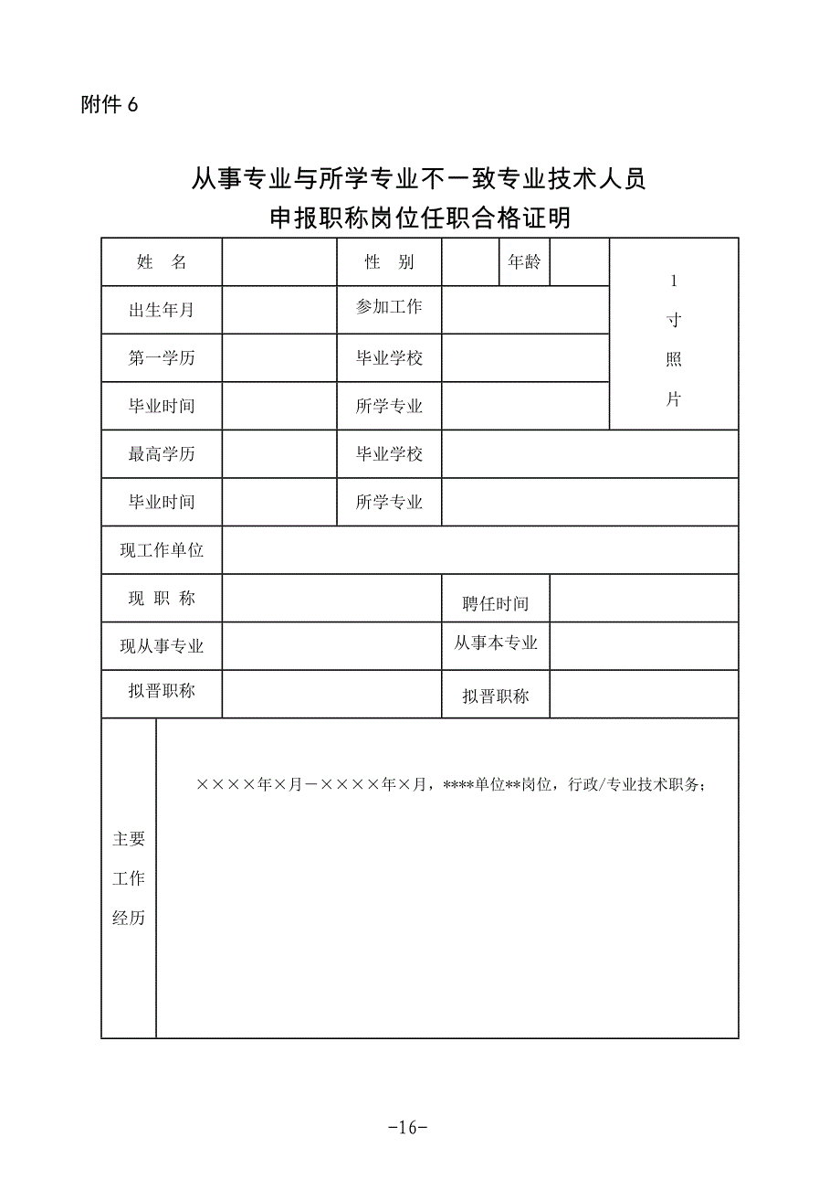 从事专业与所学专业不一致专业技术人员申报职称岗位任职合格证明附件6_第1页