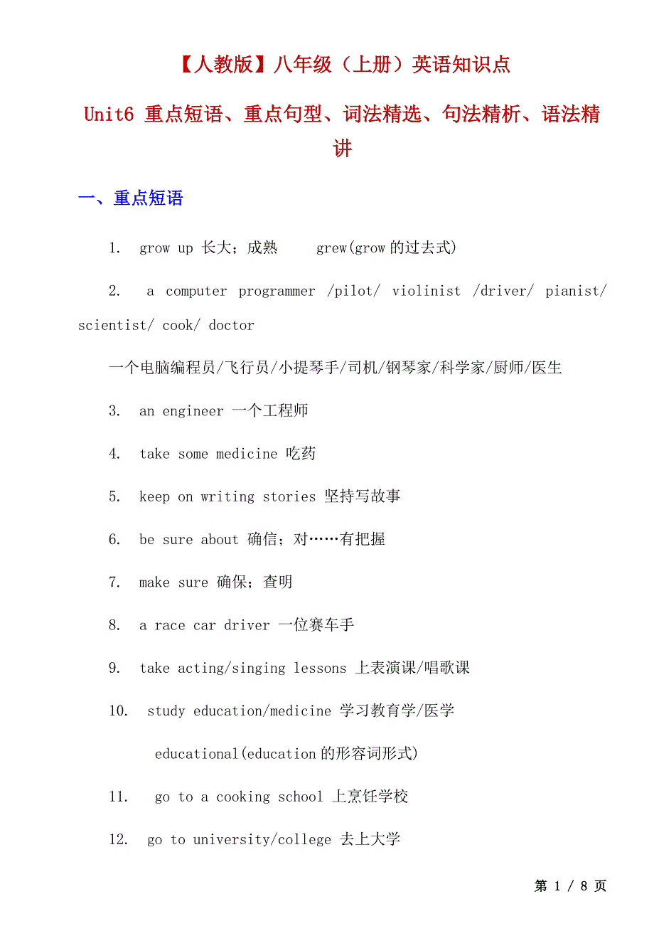 【人教】八上英语Unit 6 学习重点_第1页