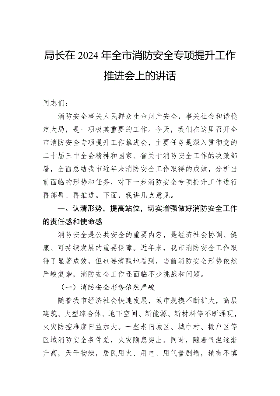 局长在2024年全市消防安全专项提升工作推进会上的讲话_第1页