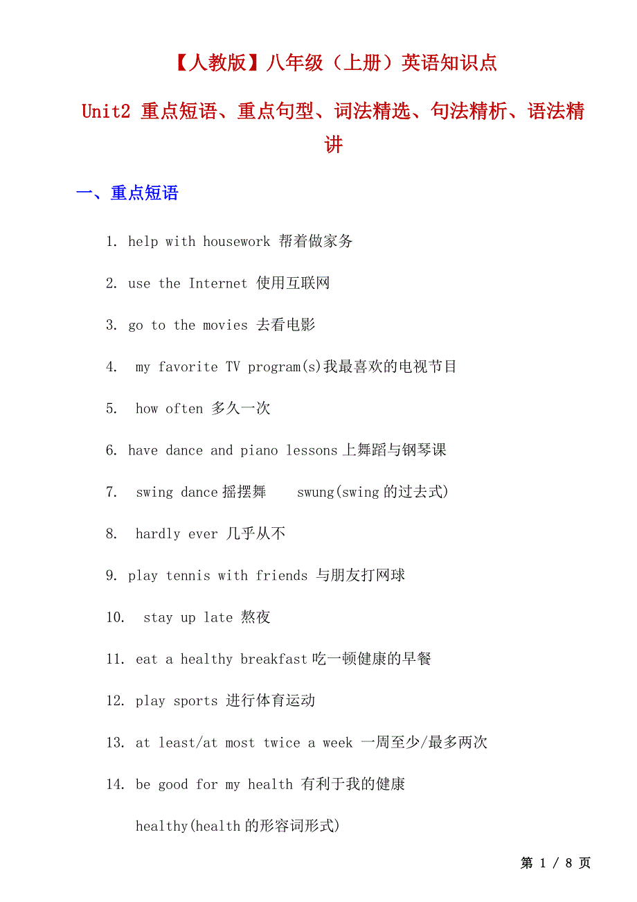 【人教】八上英语Unit 2 学习重点_第1页